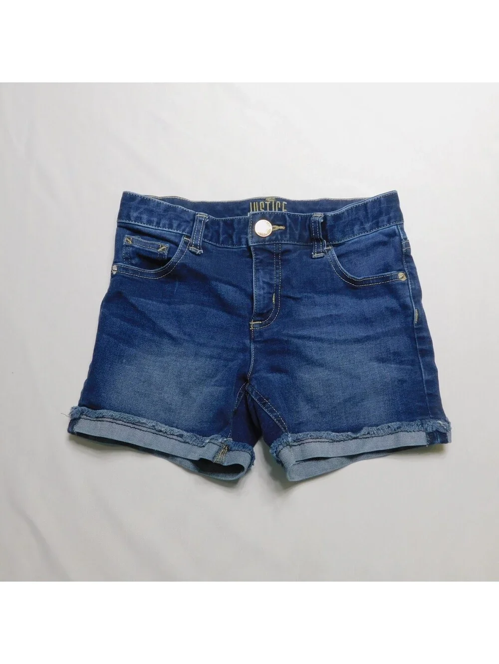 Justice Girls Size 12 Denim Shorts Dark Wash Cuffed Fray Hem Stretch Jean Shorts